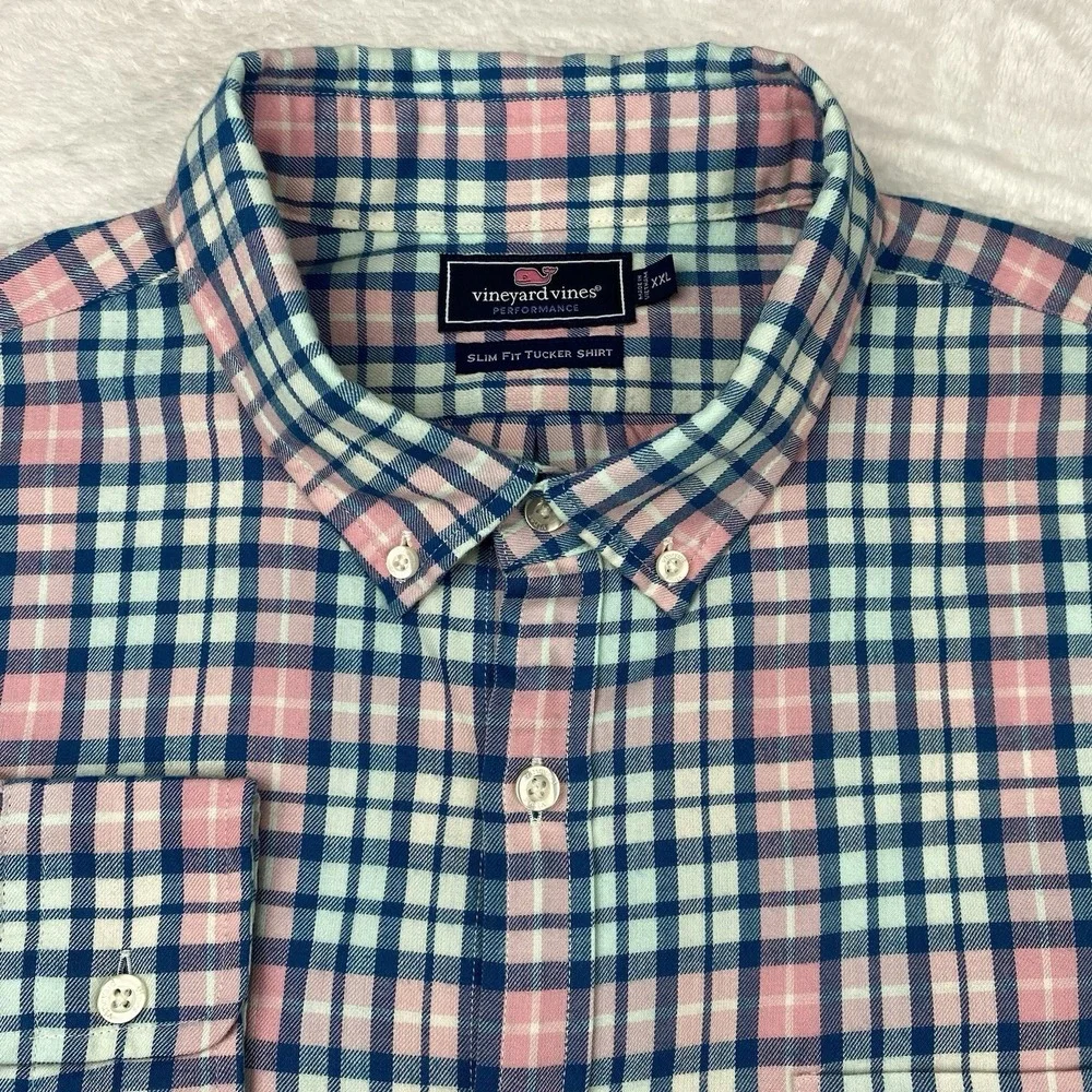 Vineyard Vines Men's XXL Slim Fit Tucker Shirt Blue Pink Check Long Sleeve Soft - Picture 2 of 10